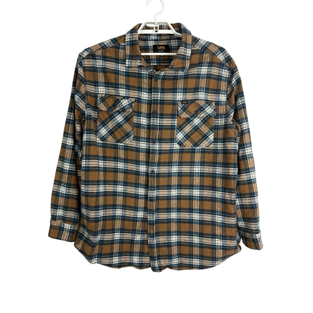 Lee Mens Shirt Button Down Size XXL Brown Long Sleeve Flannel Pockets